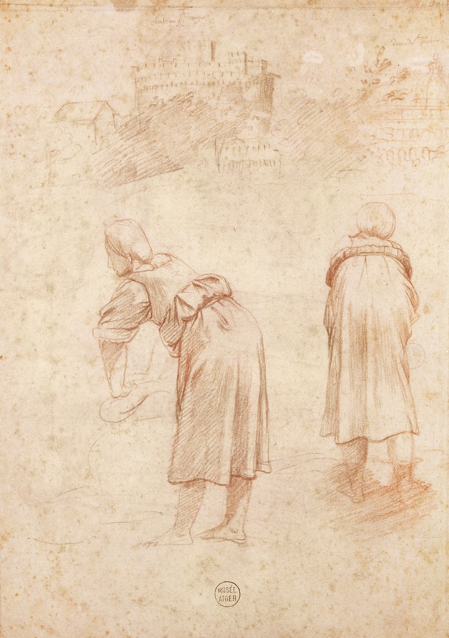 Praczki nad brzegiem Tybru i Studia nad zamkiem Saint-Ange (czerwona kreda na papierze) autorstwa Raffaello Sanzio Raphael