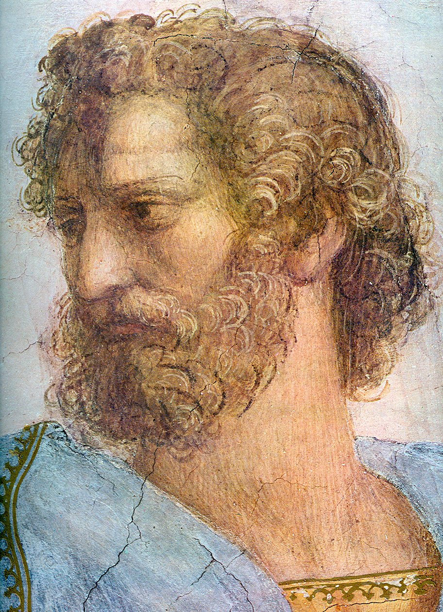 Arystotelesa. Sala Segnatury. Szczegóły Szkoły Ateńskiej, 1509-1511 autorstwa Raffaello Sanzio Raphael