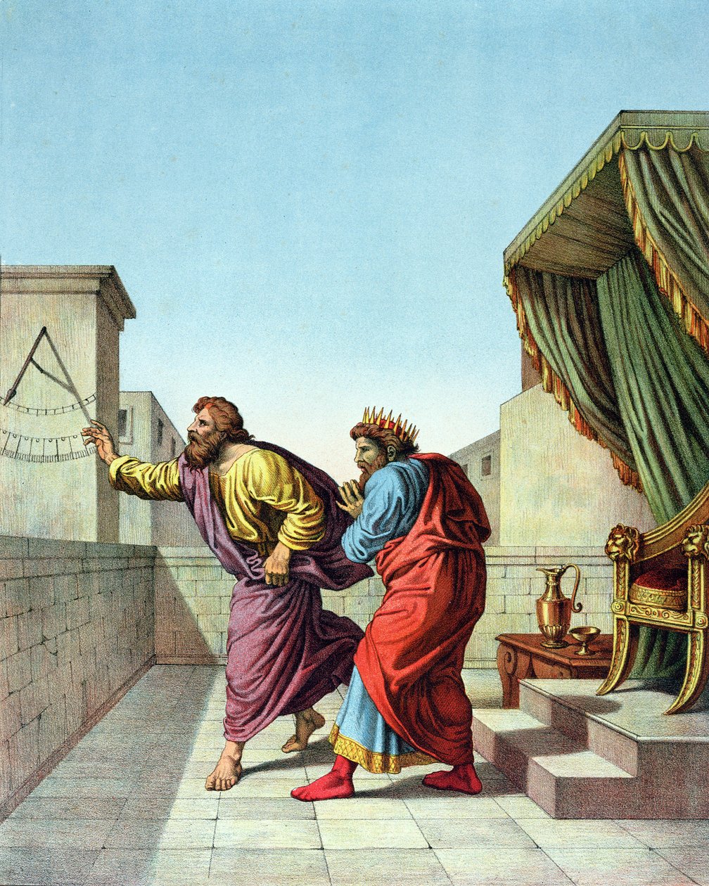 Król Ezechiasz otrzymuje od Boga znak przez Izajasza, że będzie żył jeszcze 15 lat autorstwa Raffaello Sanzio Raphael