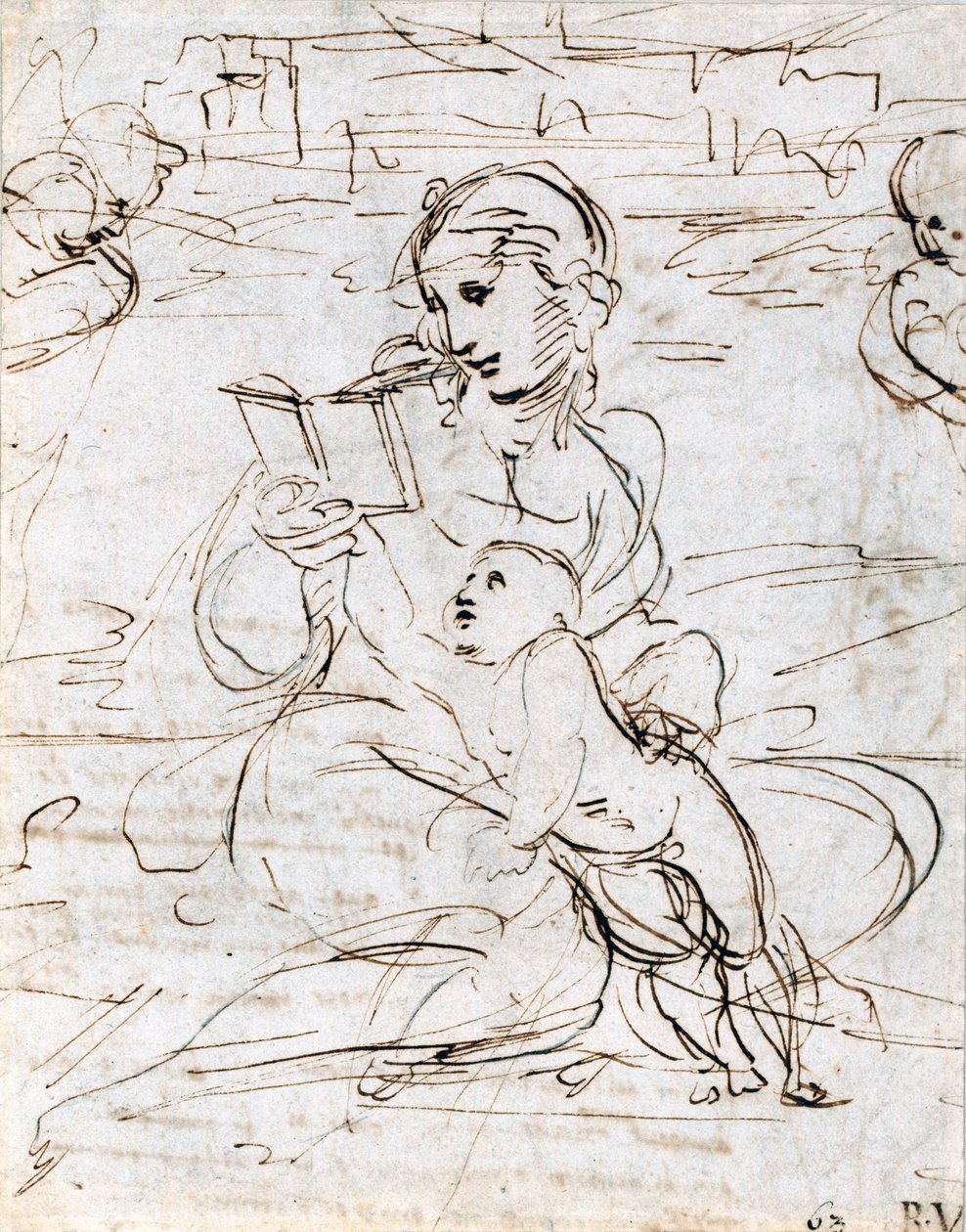 Czytanie Madonny z Dzieciątkiem w krajobrazie między dwiema głowami cherubinów, 1509 autorstwa Raffaello Sanzio Raphael