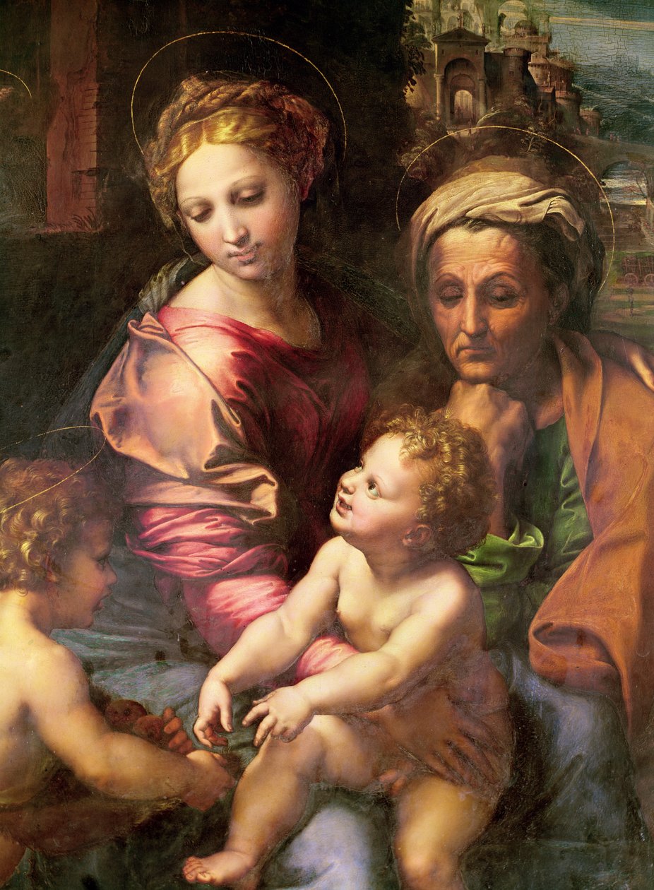 Święta Rodzina (lub Perła), detal: Dziewica, Święta Elżbieta z Dzieciątkiem, ok. 1518 (olej na desce) autorstwa Raffaello Sanzio Raphael