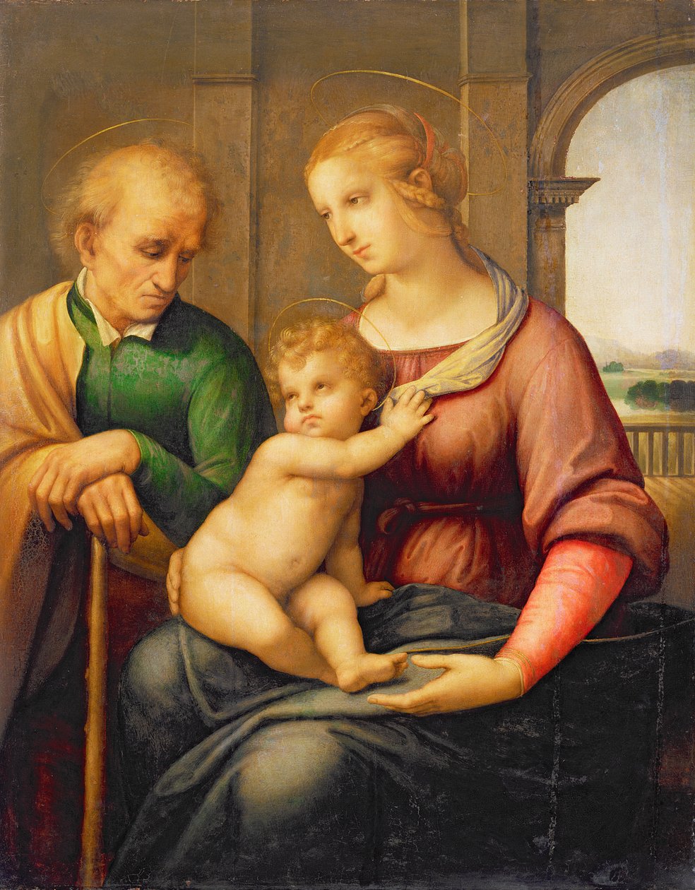 Święta Rodzina, czyli Madonna z Józefem Bez Brody, ok. 1506 (tempera i olej na płótnie przeniesione z panelu) autorstwa Raffaello Sanzio Raphael