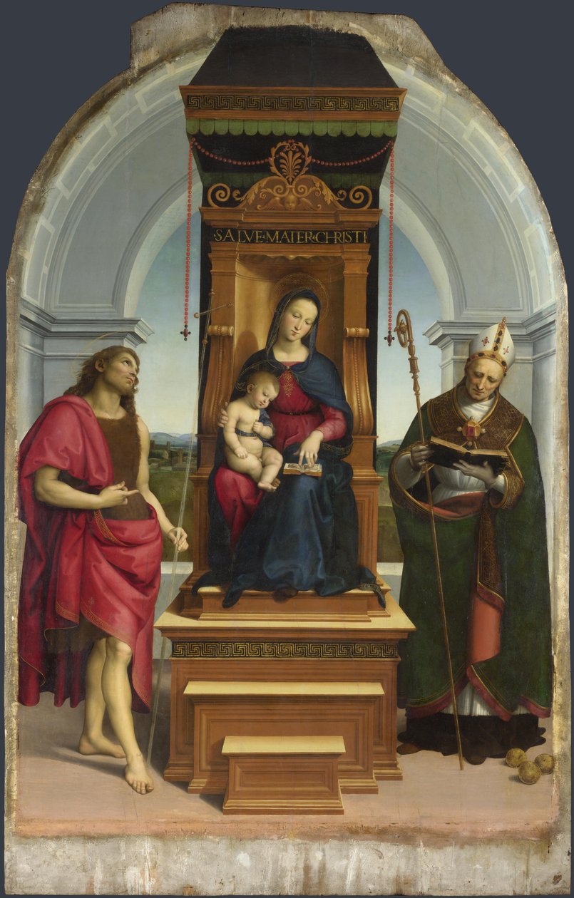 Madonna z Dzieciątkiem ze św. Janem Chrzcicielem i św. Mikołajem z Bari Madonna Ansidei, 1505 autorstwa Raffaello Sanzio Raphael