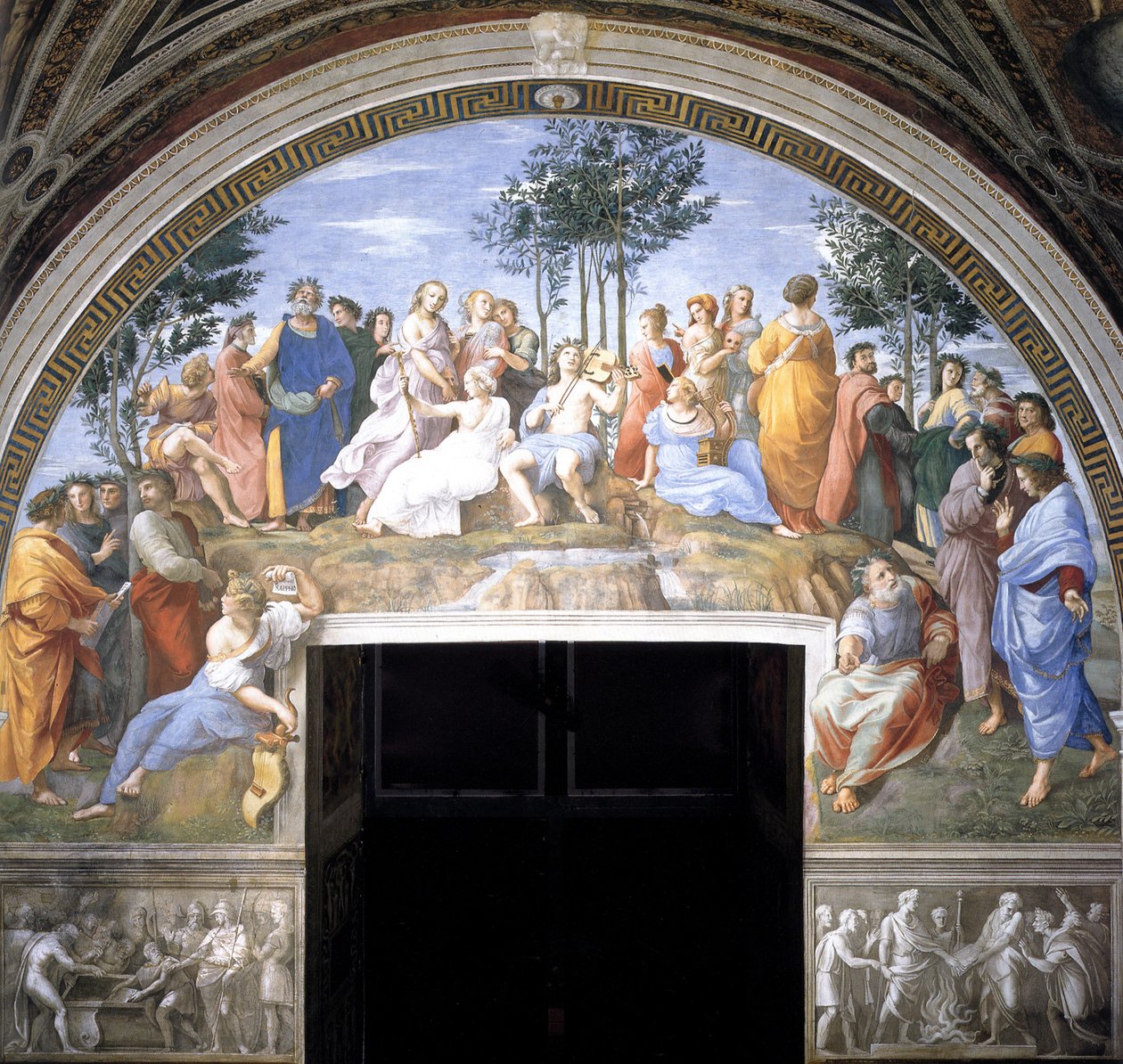 Fresk Parnasu w Stanza della Segnatura, 1509-1511 autorstwa Raffaello Sanzio Raphael