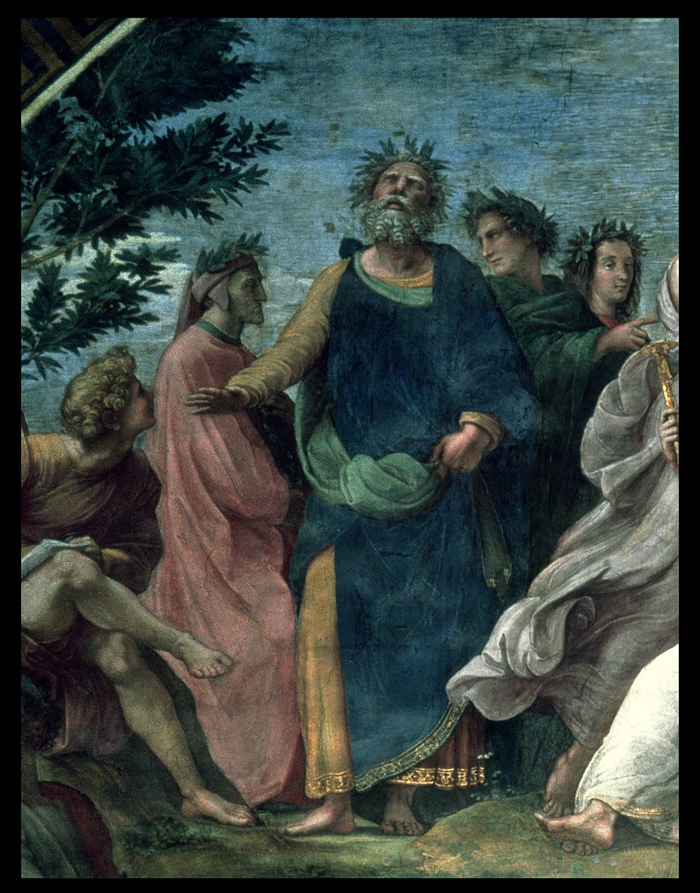 Parnas, fragment Homera, Dantego i Wergiliusza, w Stanze della Segnatura, 1510-11 autorstwa Raffaello Sanzio Raphael