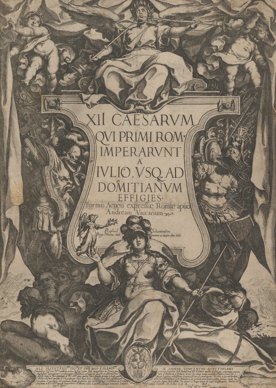 Frontyspis z trąbkami grającymi na trąbce osadzonymi na kartuszu flankowanym przez tr..., 1606. autorstwa Raffaello Schiaminossi