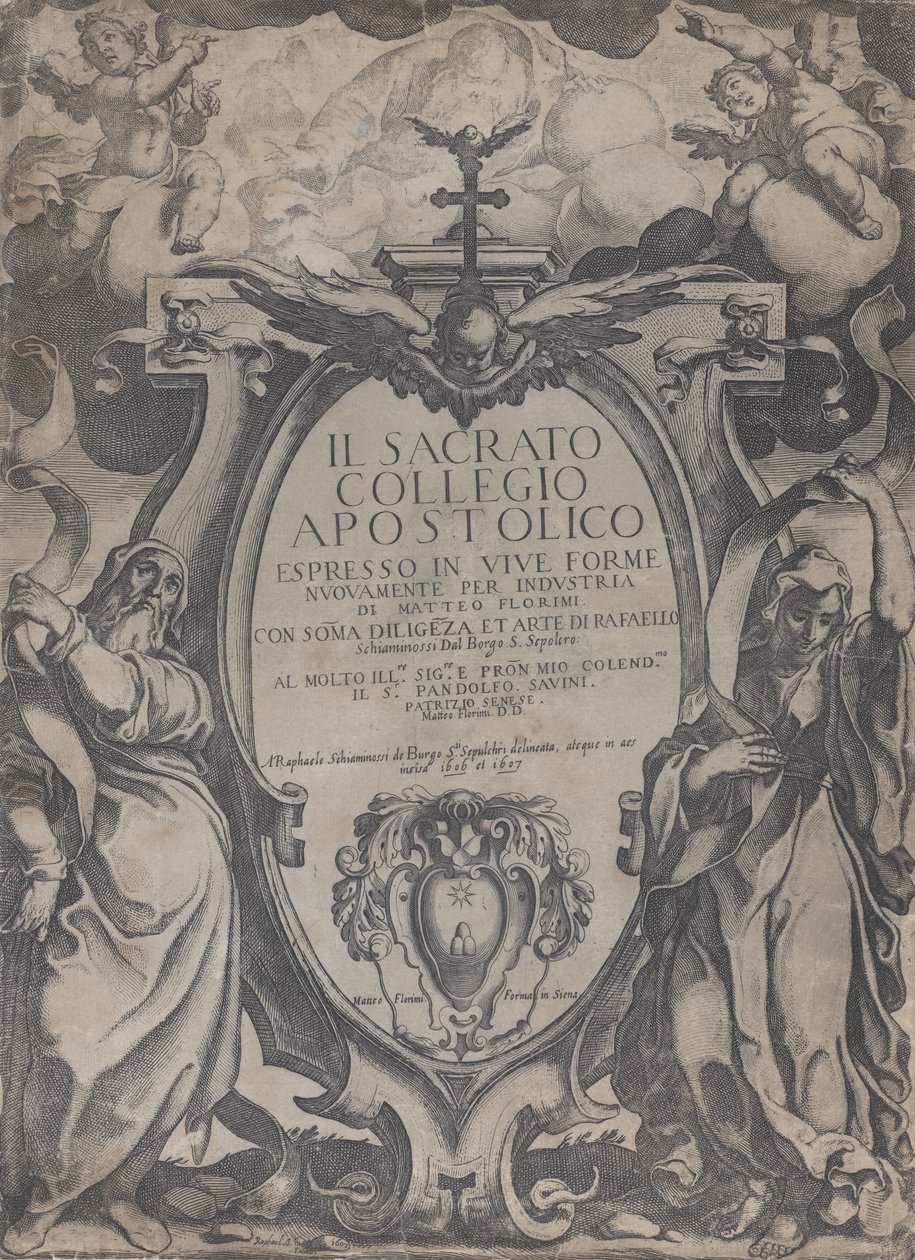 Frontyspis z dwiema postaciami trzymającymi zwoje i cherubiny po bokach kartusza w cen..., 1606-07. autorstwa Raffaello Schiaminossi