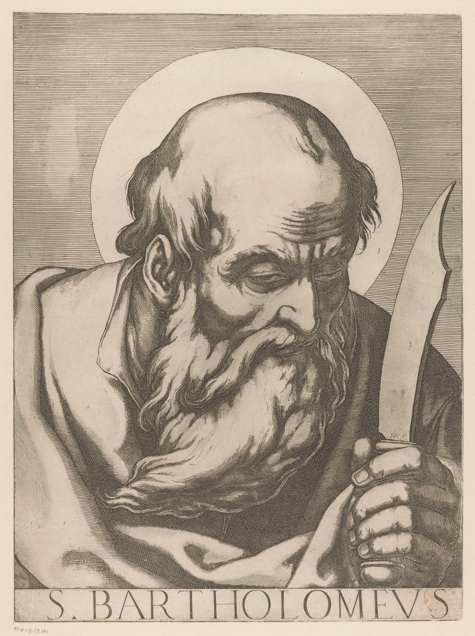 św. Bartłomieja S. Bartłomiej (tytuł na obiekcie) Chrystus, Maryja i Dwunastu Apostołów (tytuł serii) Il sacrato collegio apostolico (tytuł serii) autorstwa Raffaello Schiaminossi