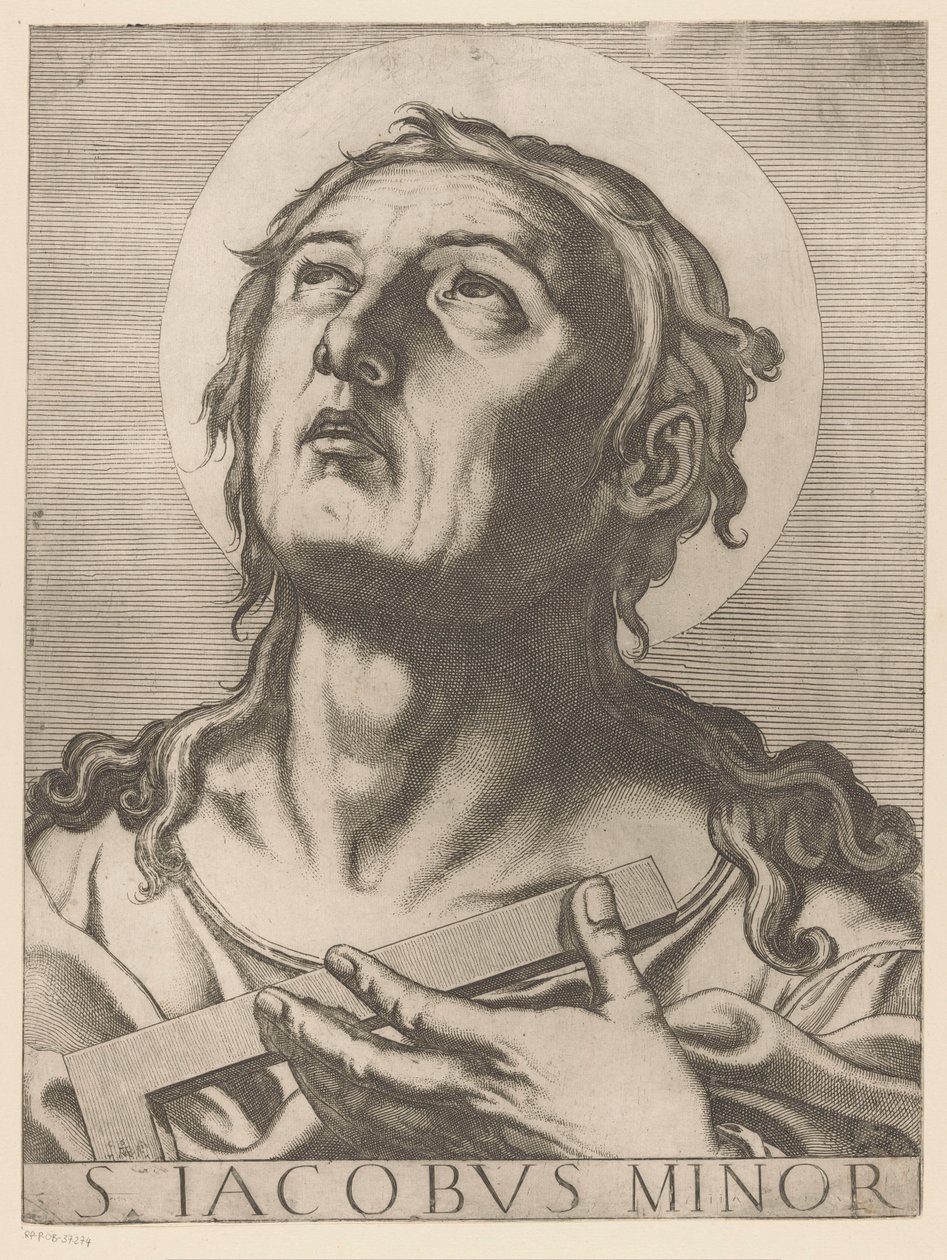 Heilige Jakobus de Mindere Św. Jakub Mniejszy (tytuł na obiekcie) Chrystus, Maryja en de twaalf apostelen (tytuł serii) Święte Kolegium Apostolskie (tytuł serii) autorstwa Raffaello Schiaminossi