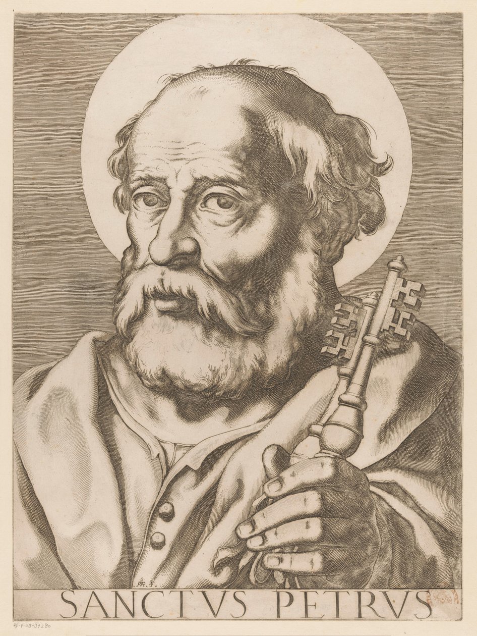 Święty Piotr Święty Piotr (tytuł na obiekcie) Chrystus, Maryja en de twaalf apostelen (tytuł serii) Święte Kolegium Apostolskie (tytuł serii) autorstwa Raffaello Schiaminossi