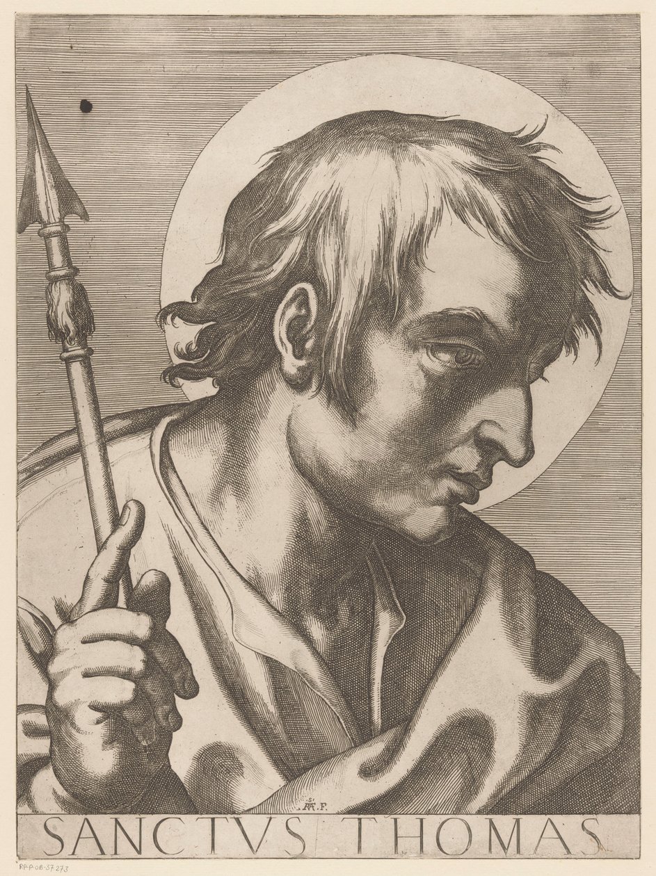 Święty Tomasz Święty Tomasz (tytuł na obiekcie) Chrystus, Maryja en de twaalf apostelen (tytuł serii) Święte Kolegium Apostolskie (tytuł serii) autorstwa Raffaello Schiaminossi
