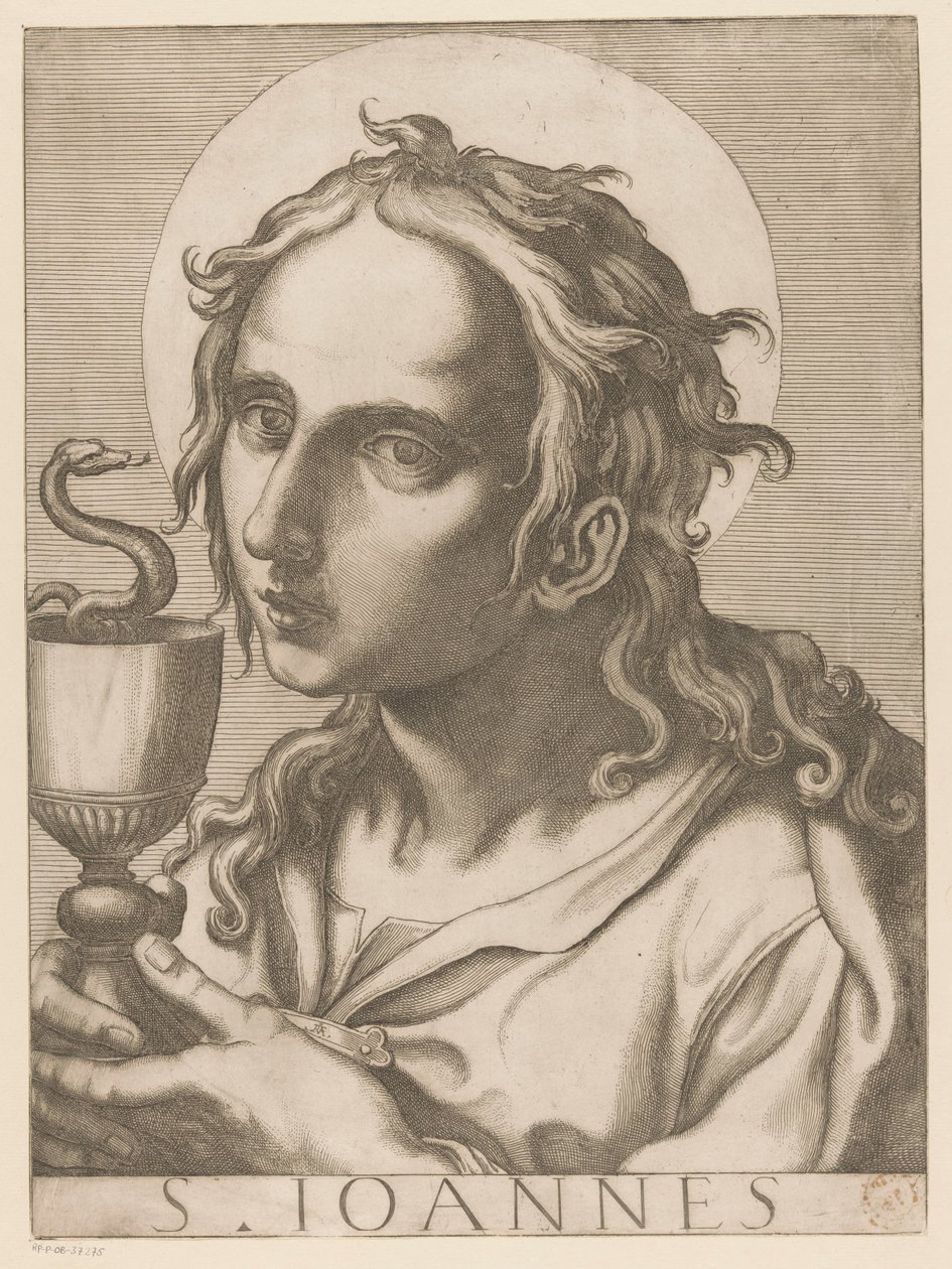 Jan Ewangelista Św. Jan (tytuł na obiekcie) Chrystus, Maryja en de twaalf apostelen (tytuł serii) Święte Kolegium Apostolskie (tytuł serii) autorstwa Raffaello Schiaminossi
