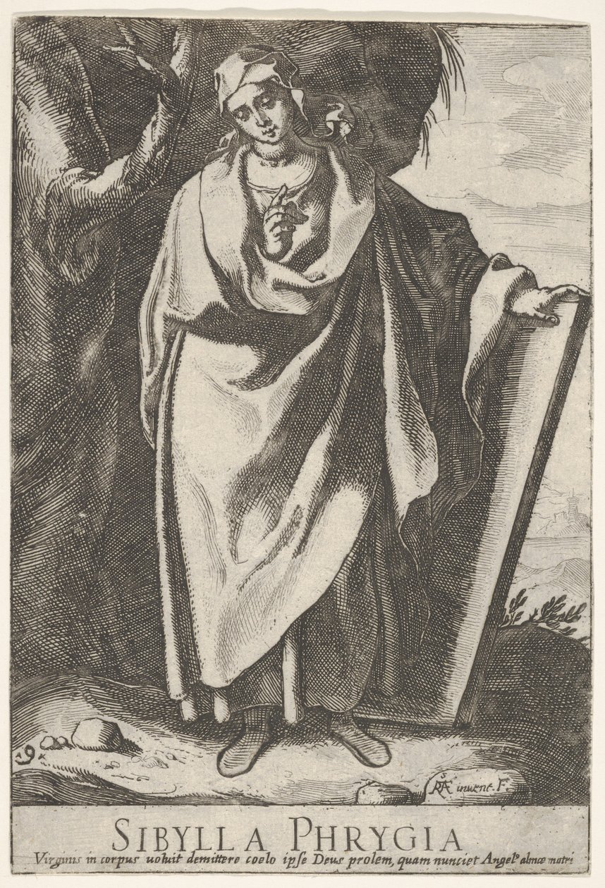 Tabliczka 9: Sybilla Frygijska trzymająca lewą ręką górną część tablicy i wskazującą w..., 1609. autorstwa Raffaello Schiaminossi
