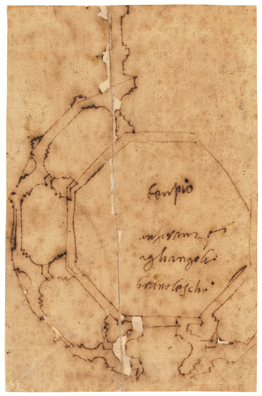 Plan Santa Maria degli Angeli, Florencja (pióro i brązowy tusz, na kalce olejnej) autorstwa Raffaello da Montelupo
