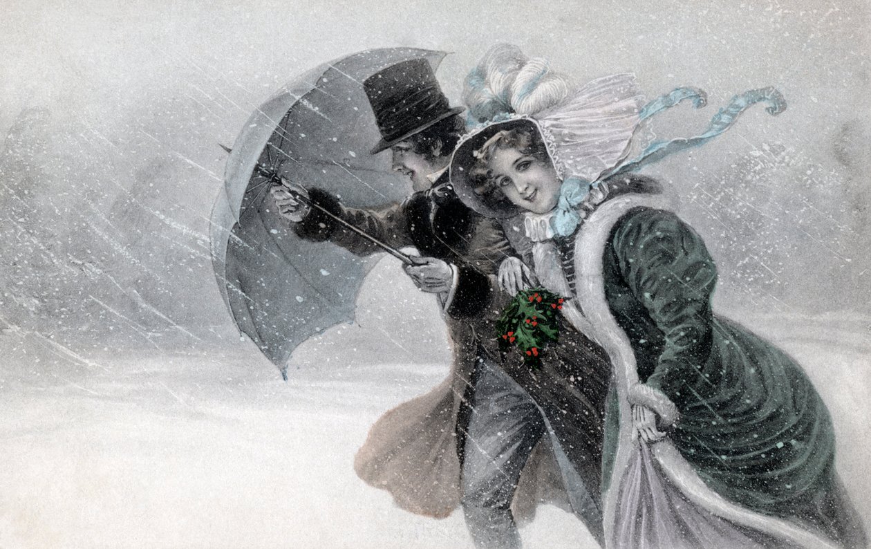 Para w burzy śnieżnej z parasolem koniec 19/początek 20 wieku (druk) autorstwa Raimund Ritter Von Brennerstein (1862 1925) Wichera