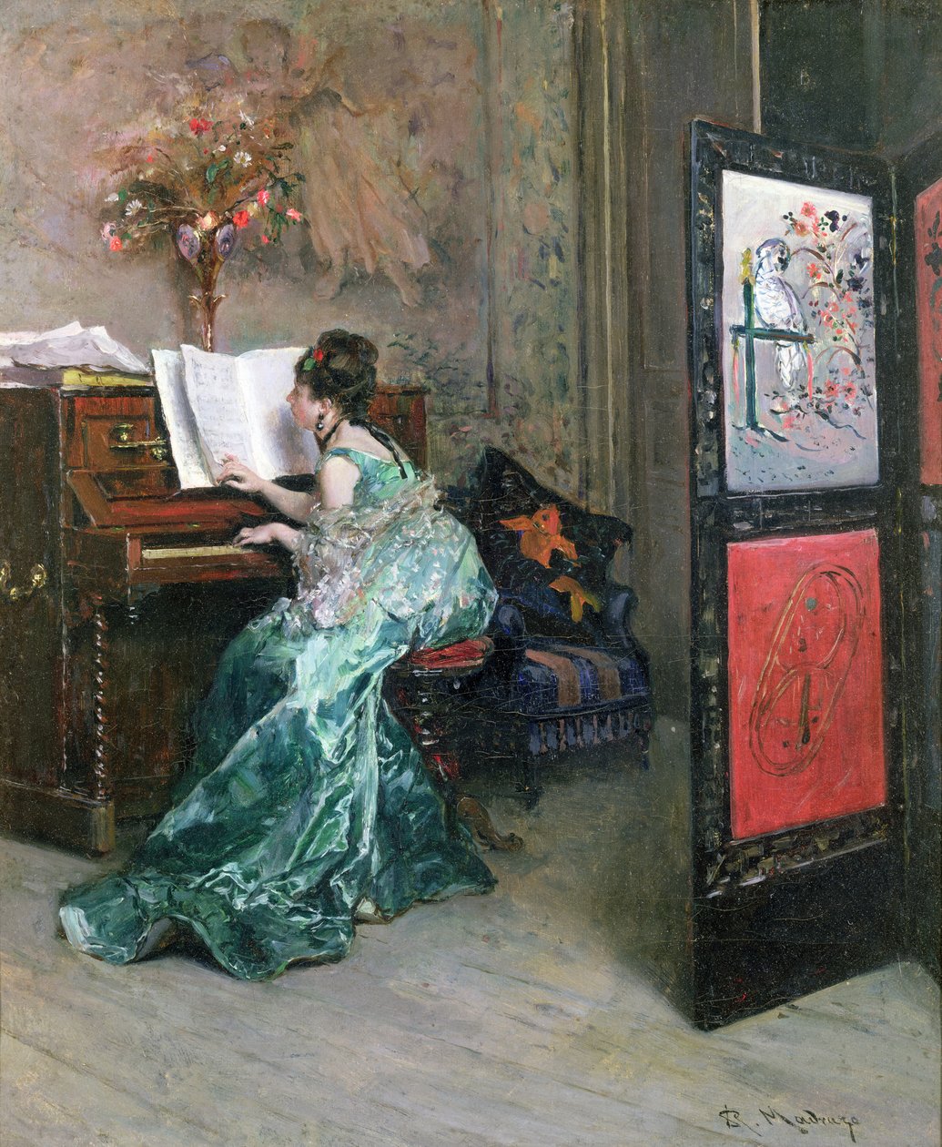 Pani grająca na pianinie we wnętrzu autorstwa Raimundo de Madrazo y Garreta