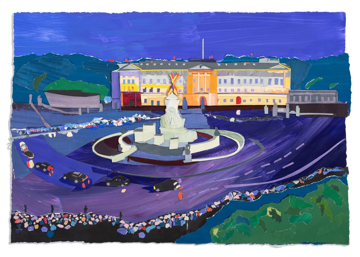 Tłumy w Pałacu Buckingham, 2023 (akryl i kolaż na papierze) autorstwa Raina Goran