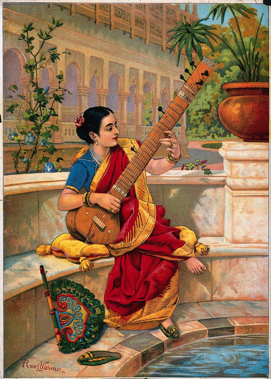 Siedząca Hinduska gra na sitarze obok stawu w ogrodzie. autorstwa Raja Ravi Varma