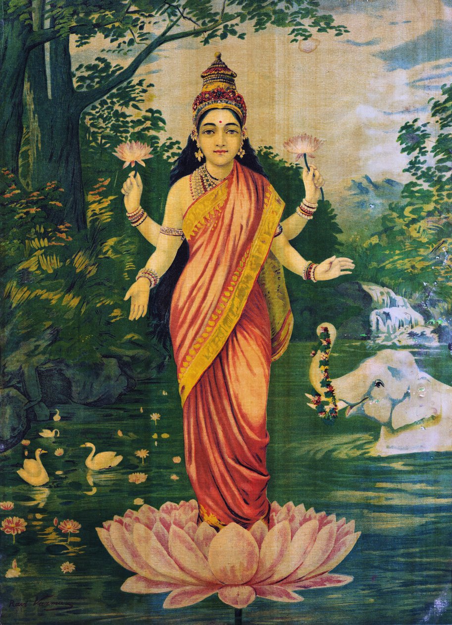 Lakshmi, autor: Raja Ravi Varma, lata trzydzieste XX wieku, edycja autorstwa Raja Ravi Varma
