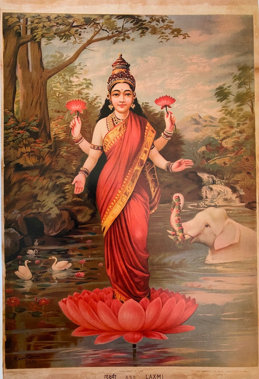 Lakshmi, Ravi Varma Fine Art Lithographic Press, Bombaj, 1894 r. autorstwa Raja Ravi Varma