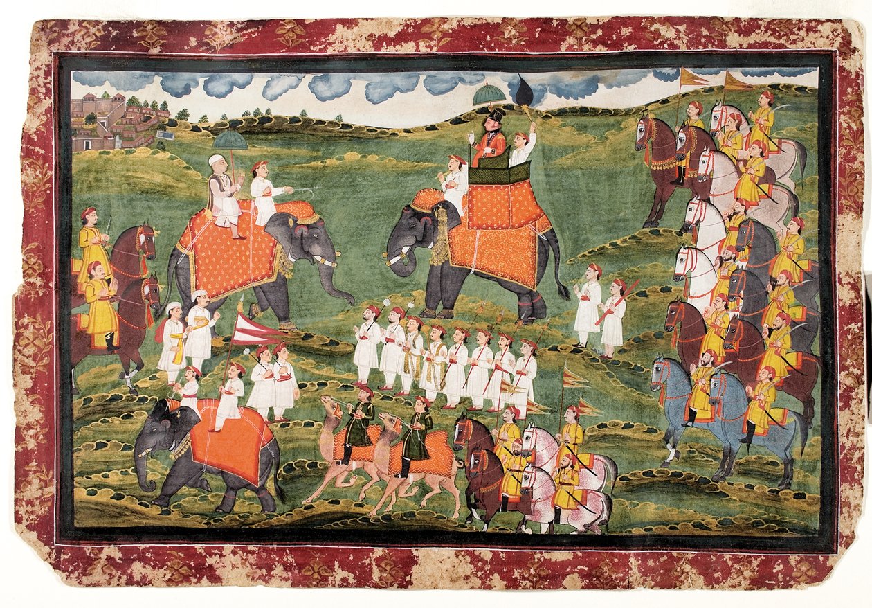 Pułkownik James Tod i Guru Gyanchandra na słoniach w pobliżu Udaipur, październik 1822 r. autorstwa Rajasthani School