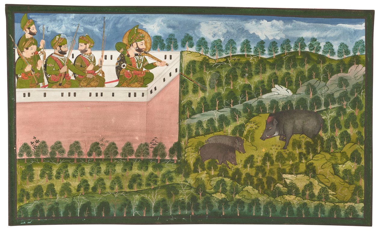 Obraz przedstawiający Maharana Jawan Singha (1821-38) polującego na dziki autorstwa Rajasthani School