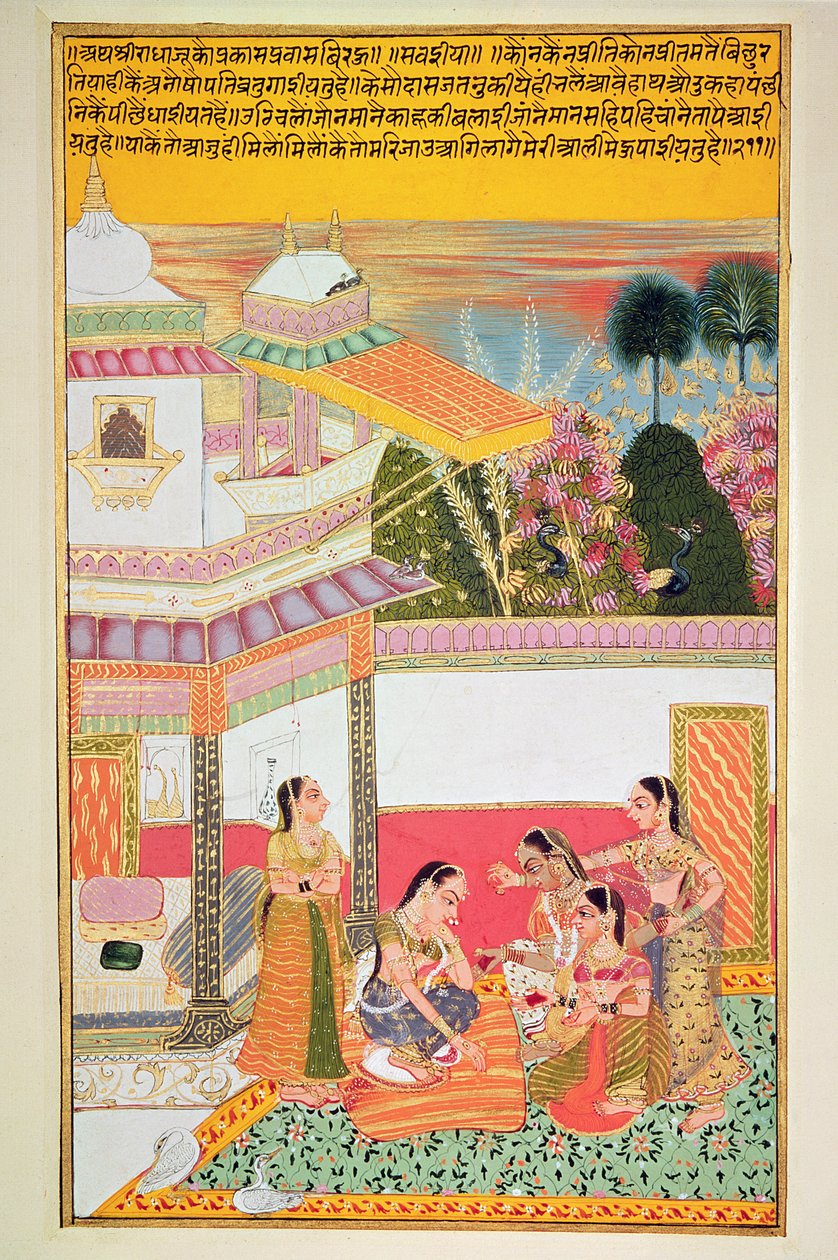 Kobieta farbująca dłonie, z Bundi, 1800 (wc na papierze) autorstwa Rajasthani School