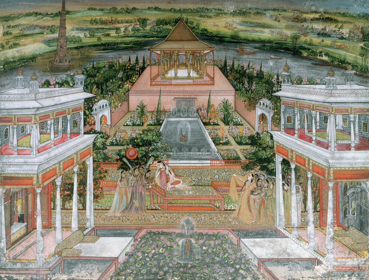 Księżniczka Mogołów zabawiana przez asystentki w ogrodzie pałacowym w Radżastanie, 1700 (toaleta i gwasz na papierze) autorstwa Rajput School