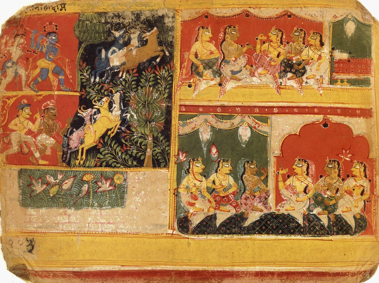 Ilustracja do „Bhagvata Purany”, księga X, rozdział 21, c.1525 autorstwa Rajput School