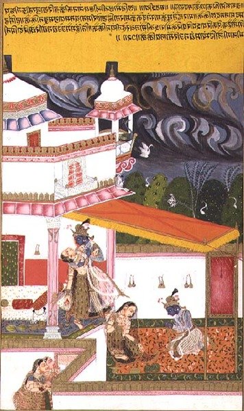 Folio 72. Krishna cajoles Radha, gdy burza zbiera się nad głową, z „Rasikapriya of Kesavadasa”, dystrykt Bundi-Kotah, Radżastan autorstwa Rajput School