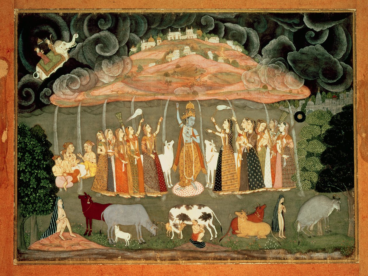 Kryszna wspierający górę Govardhana B Ustad Sahibdin, Bikaner autorstwa Rajput School