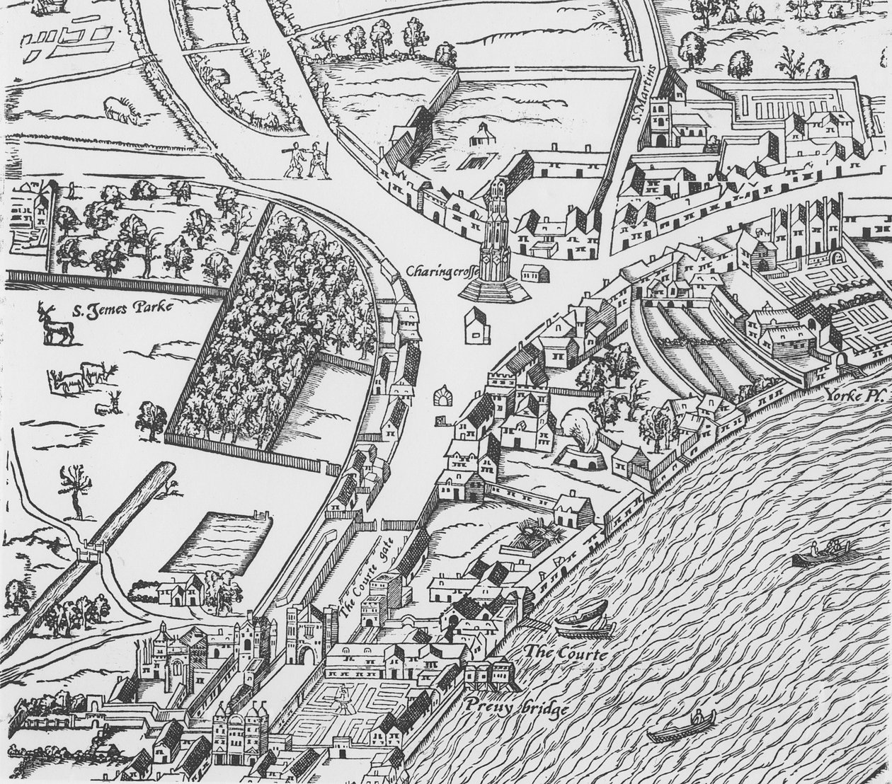 Fragment Charing Cross z Civitas Londinium (drewnodruk) autorstwa Ralph Agas