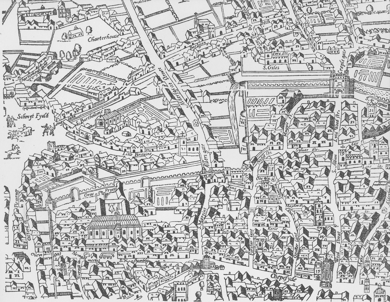 Detal muru londyńskiego na wschód od Smithfield z odbitki drzeworytniczej Civitas Londinium autorstwa Ralph Agas