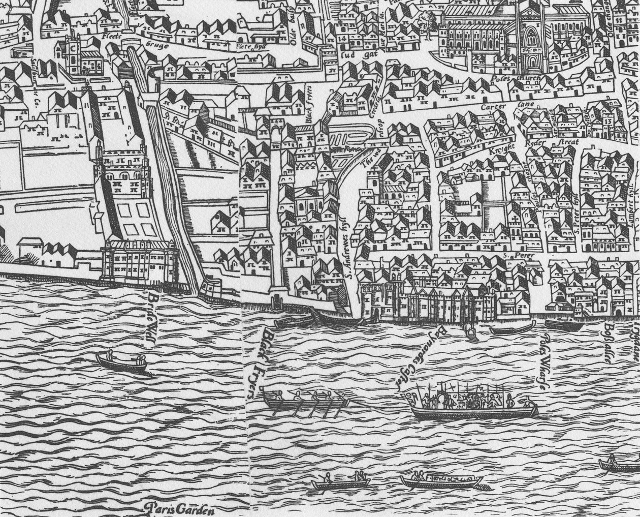 Fragment Tamizy i katedry św. Pawła z odbitki drzeworytniczej Civitas Londinium autorstwa Ralph Agas