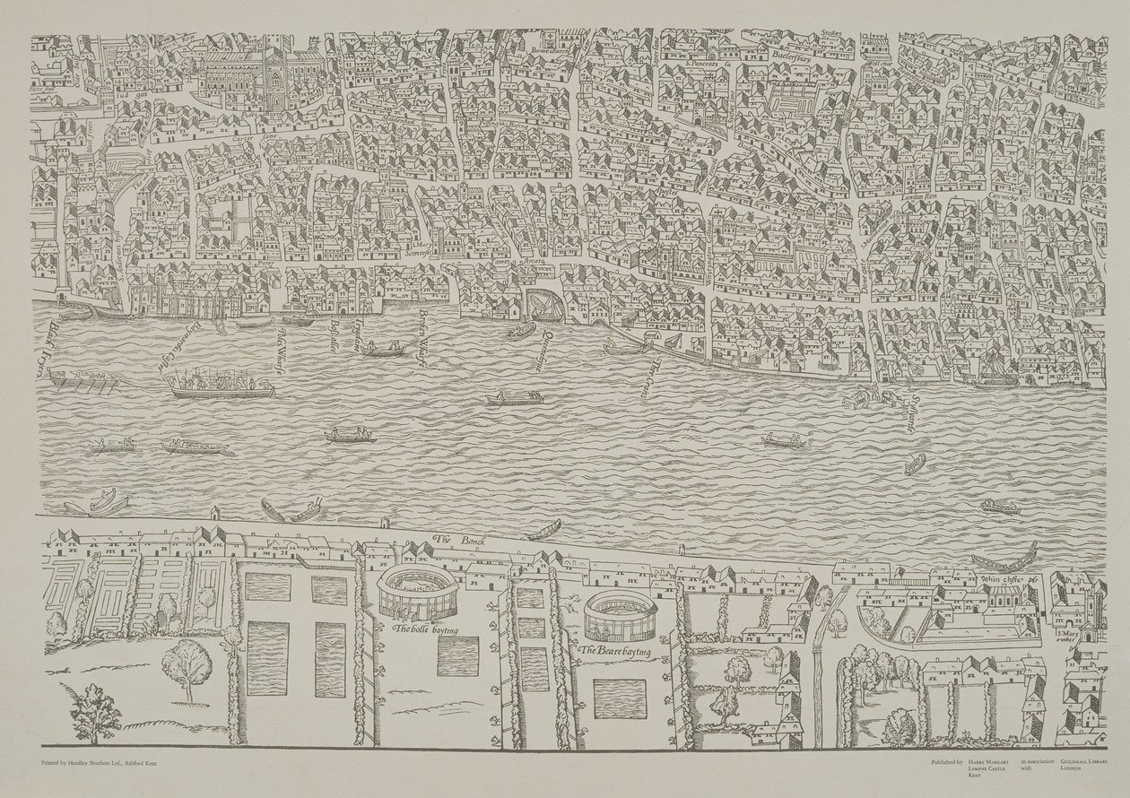 Mapa Londynu, pokazująca ogród z przynętami niedźwiedzi w Southwark, ok. 1561 r. autorstwa Ralph Agas