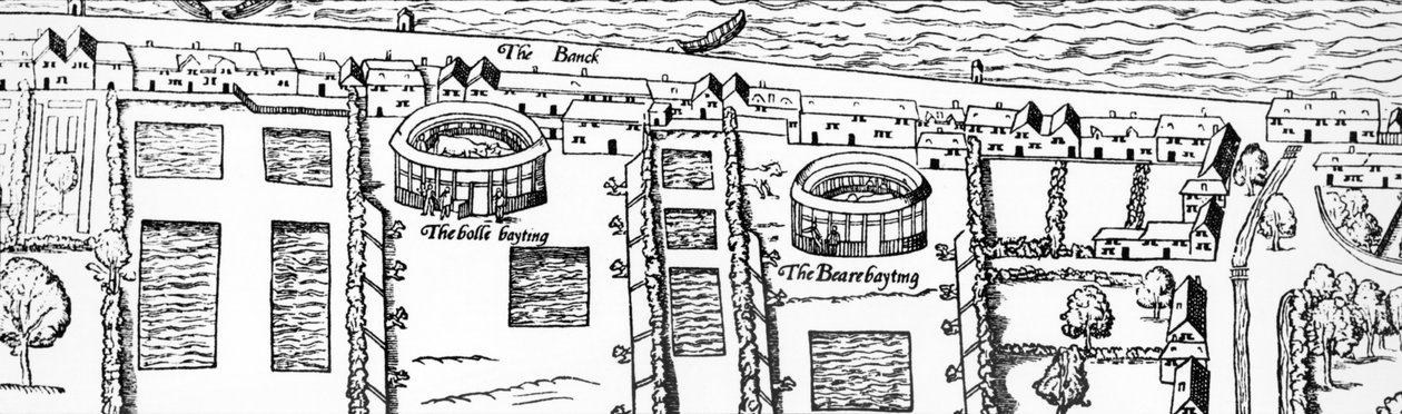 Miejsce teatru Szekspira, fragment Civitas Londinium, mapa Londynu, 1560 drzeworyt autorstwa Ralph Agas