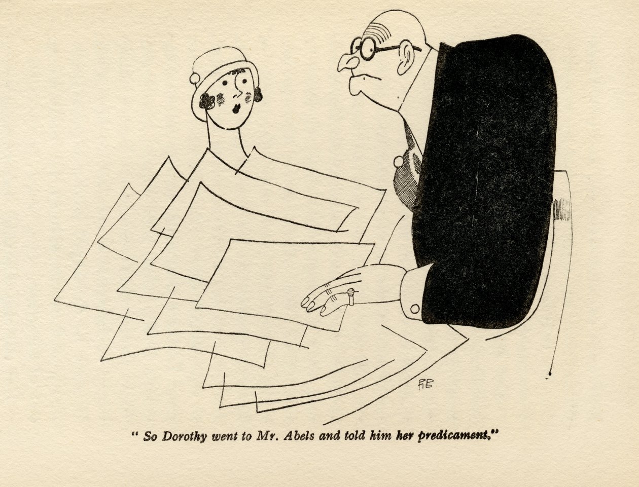 „Dorothy poszła więc do pana Abelsa i opowiedziała mu o swojej sytuacji”, ilustracja z „But Gentlemen Marry Brunettes” Anity Loos, opublikowanej w 1928 roku autorstwa Ralph Barton