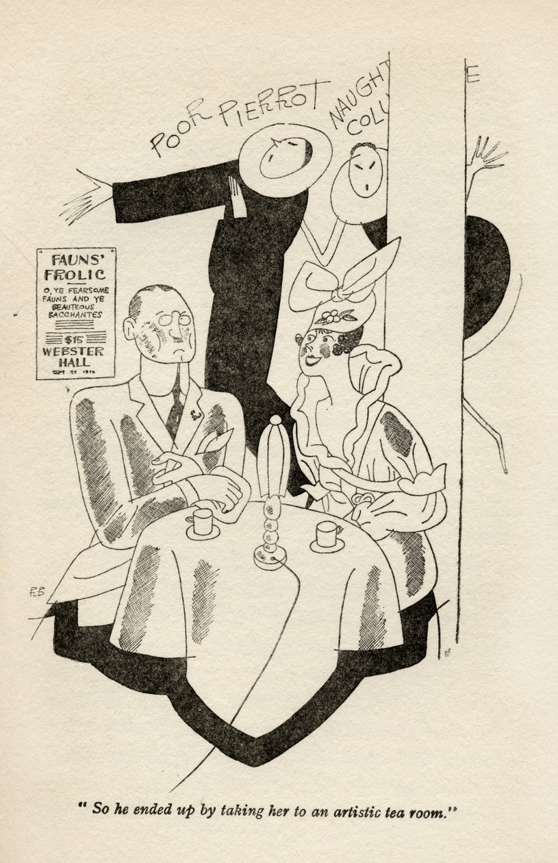 „Skończyło się na tym, że zabrał ją do artystycznej herbaciarni.”, ilustracja z „But Gentlemen Marry Brunettes” Anity Loos, opublikowanej w 1928 roku. autorstwa Ralph Barton