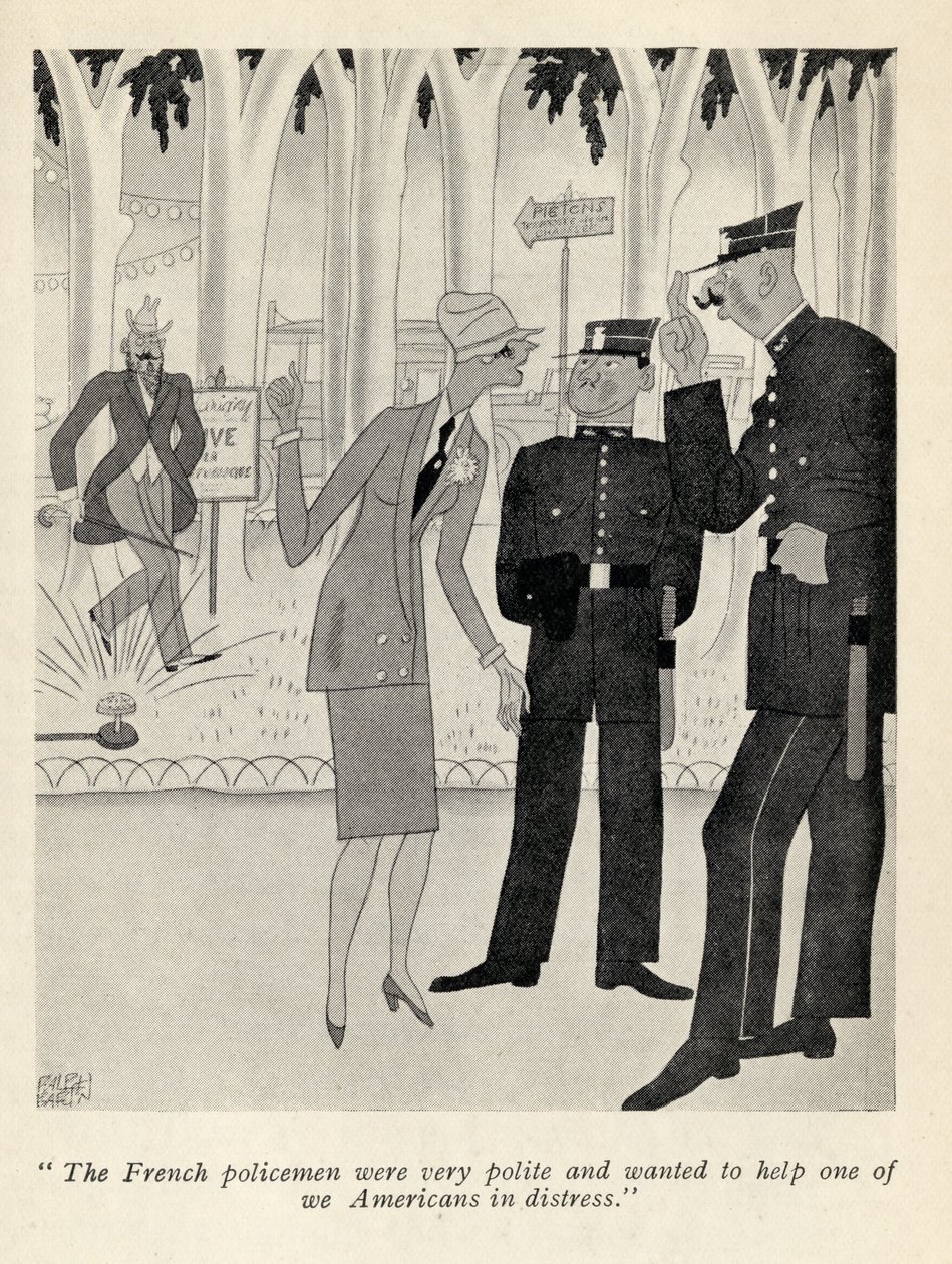 "Francuscy policjanci byli bardzo uprzejmi...", ilustracja z "But Gentlemen Marry Brunettes" Anity Loos, opublikowanej w 1928 roku autorstwa Ralph Barton
