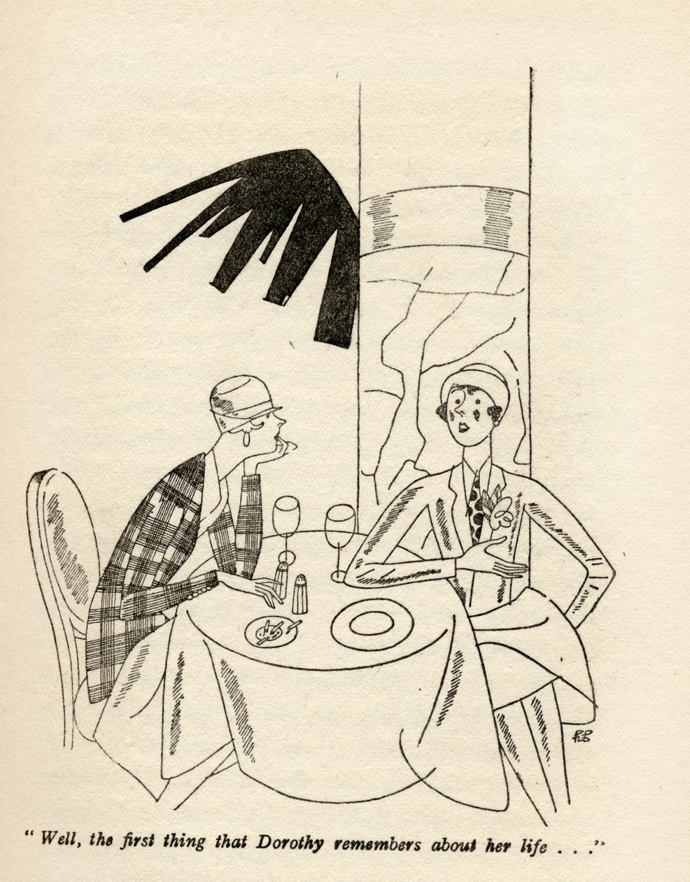 „No cóż, pierwsza rzecz, jaką Dorotka pamięta ze swojego życia…”, ilustracja z „But Gentlemen Marry Brunettes” Anity Loos, wydanej w 1928 roku autorstwa Ralph Barton