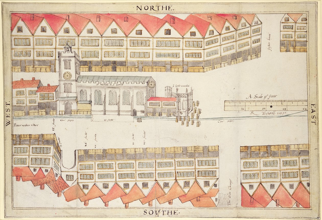 Mapa Cheapside, Londyn, 1585 (pióro i toaleta na papierze) autorstwa Ralph Treswell