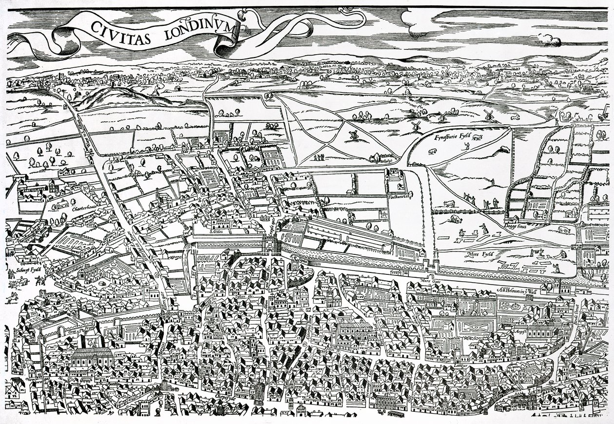 Fragment Londynu na północ od miasta od Civitas Londinium (drewnodruk) autorstwa Ralph Agas