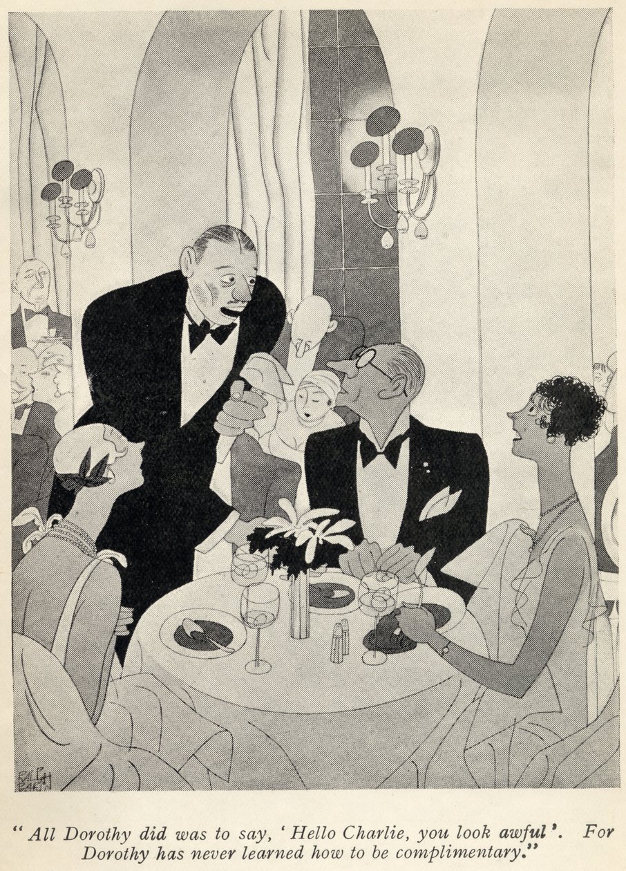 Wszystko, co zrobiła Dorothy, to powiedziała: "Witaj Charlie, wyglądasz okropnie"..., ilustracja z książki "But Gentlemen Marry Brunettes" autorstwa Anity Loos, wydanej w 1928 roku. autorstwa Ralph Barton