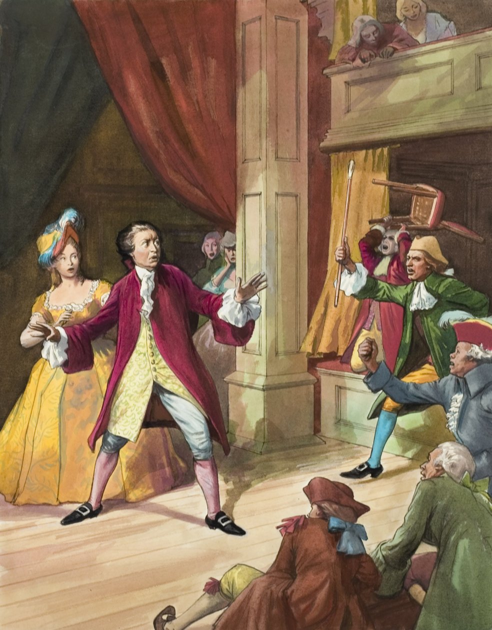 David Garrick (1717-79) w obliczu zamieszek w teatrze (gwasz na papierze) autorstwa Ralph Bruce