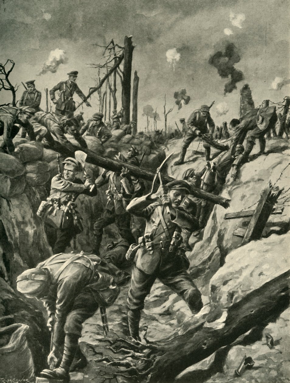 Brytyjscy żołnierze w niemieckim okopie, front zachodni, pierwsza wojna światowa, c1915, c1920. autorstwa Ralph Cleaver