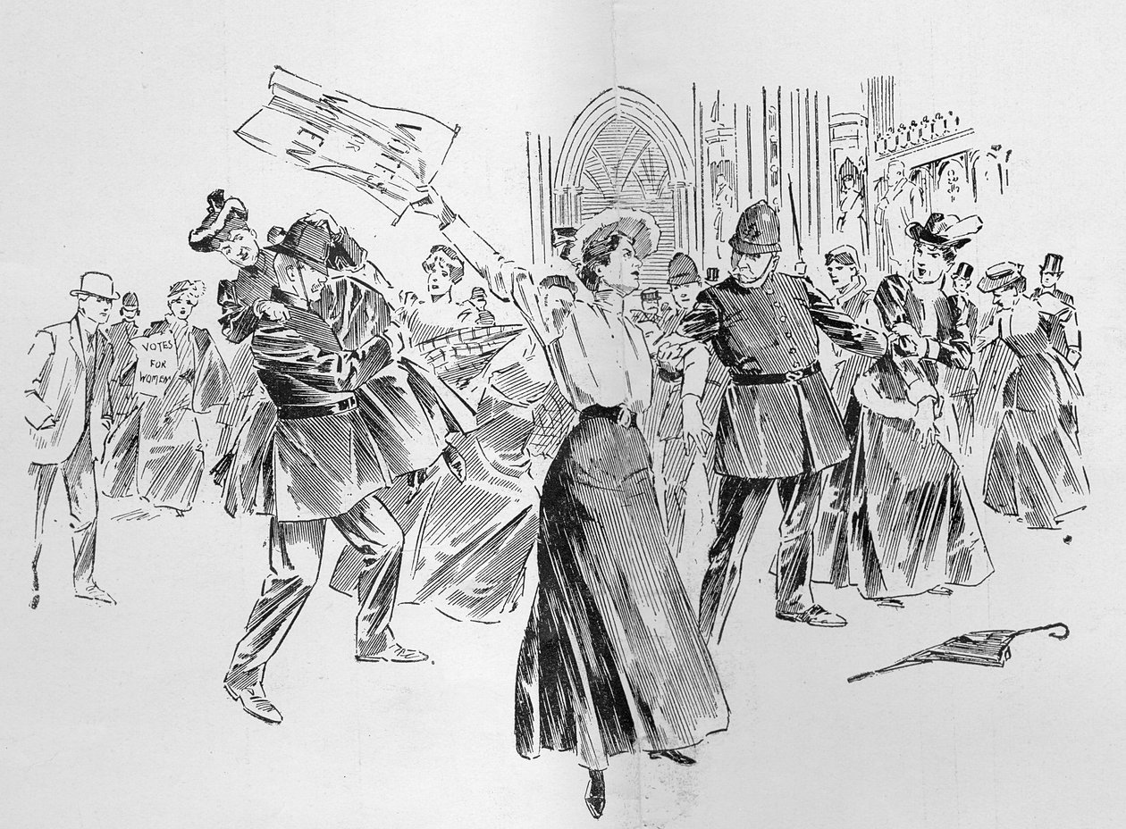 Niepowstrzymane sufrażystki wywołują dywersję w lobby, z artykułu „Ponowne zgromadzenie parlamentu” opublikowanego w „Grafice”, 27 października 1906 r. autorstwa Ralph Cleaver