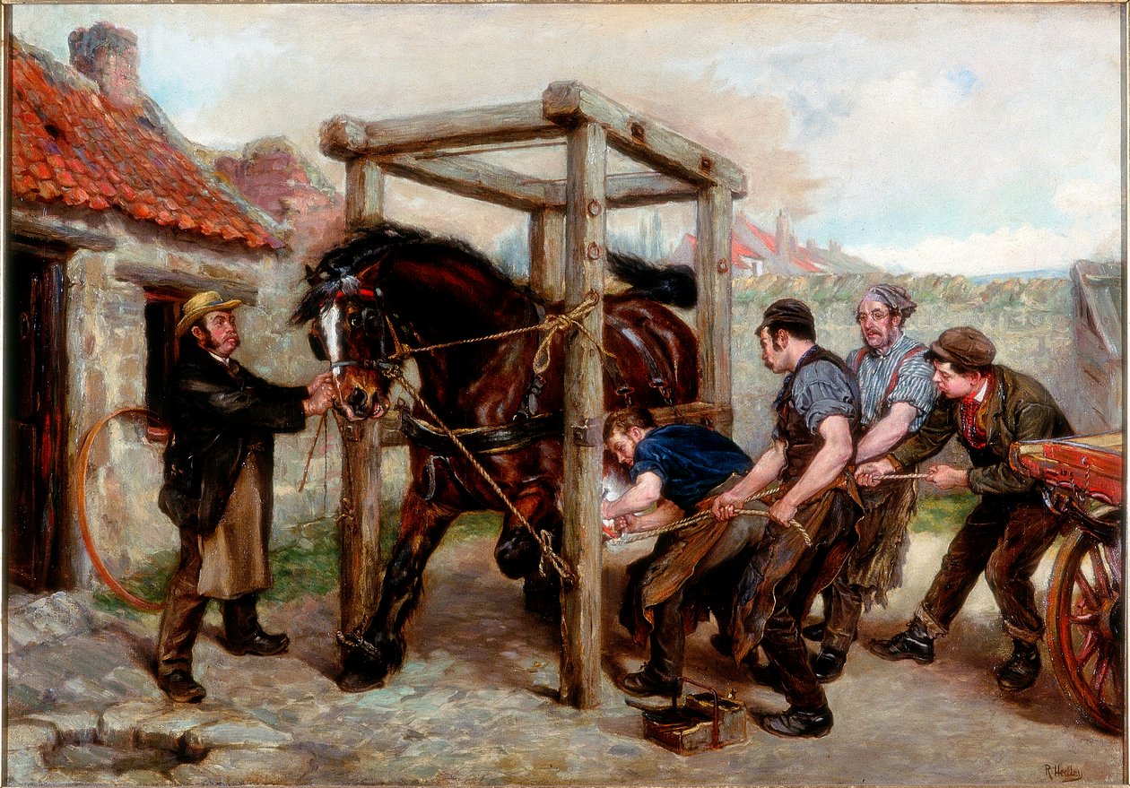 Podkuwanie klaczy zatokowej, ok. 1885-90 autorstwa Ralph Hedley