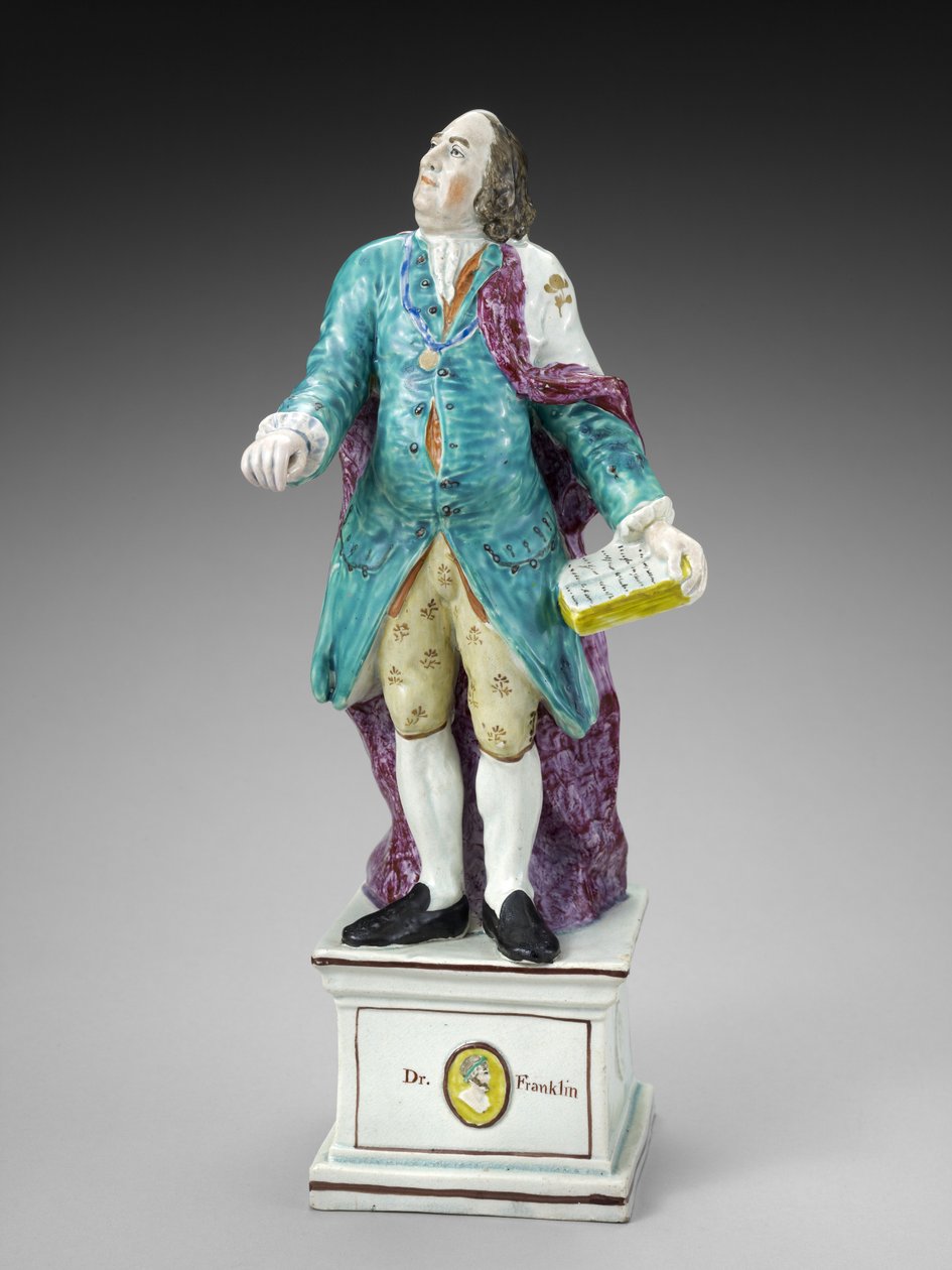 Postać Benjamina Franklina, ok. 1930 r. 1782-1795 (ceramika szkliwiona ołowiem (perła) z emalią overglazurową) autorstwa Ralph Sr. Wood
