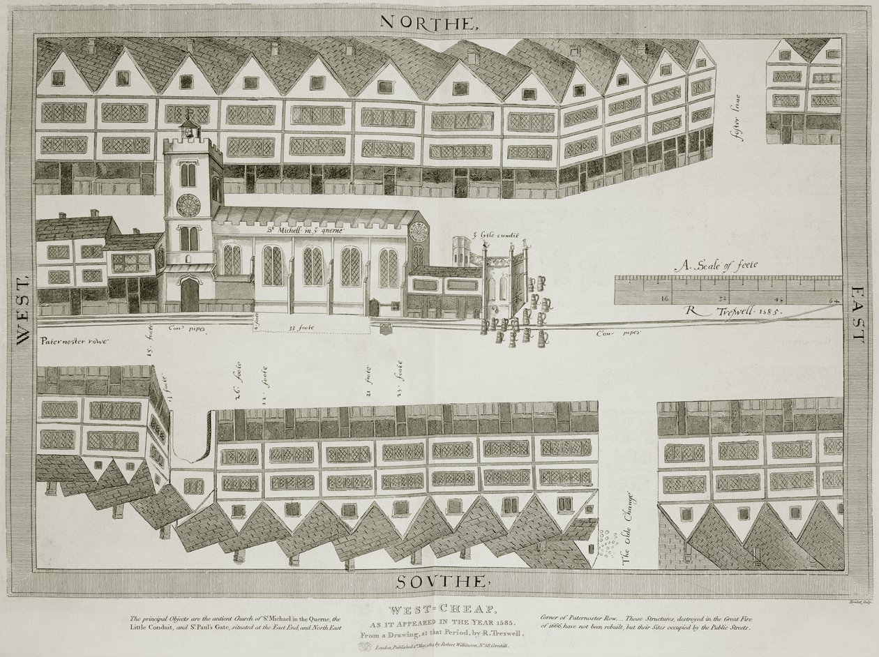 West Cheap w postaci z 1585 roku, rycina Bartłomieja Howletta (1767-1827) wydana w 1814 roku autorstwa Ralph Treswell