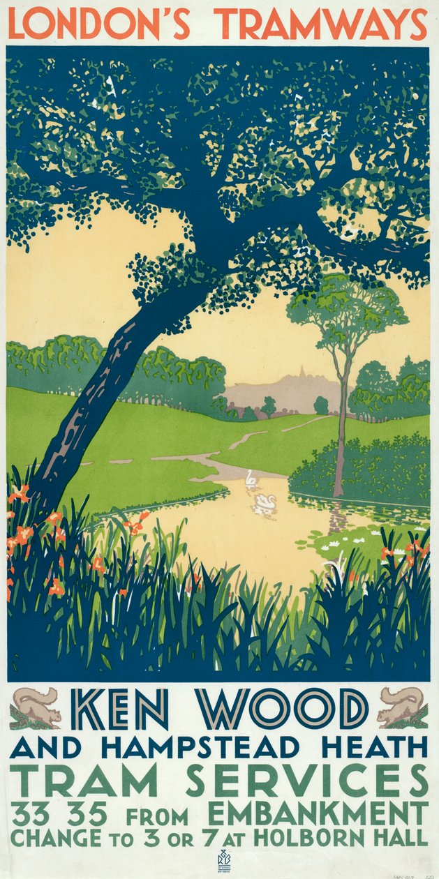 „Kenwood i Hampstead Heath”, plakat LCC Tramways Rady Hrabstwa Londynu, 1928 r. autorstwa Ralph and Brown Studios